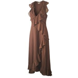 Light In The Box Brown Ruffle Chiffon Maxi Dress – Sleeveless V-Neck – NWT